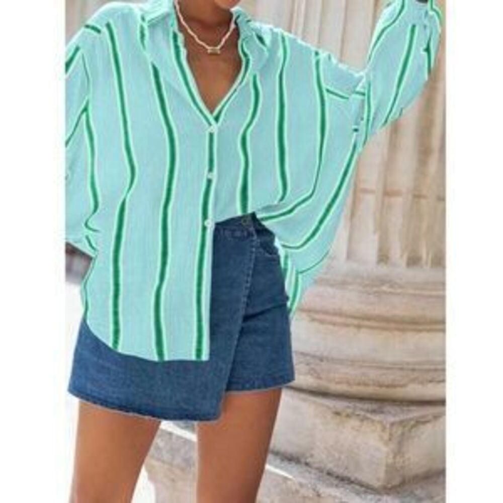 Button-Down Striped Relaxed Shirt - Mint Green - Picture 4 of 5